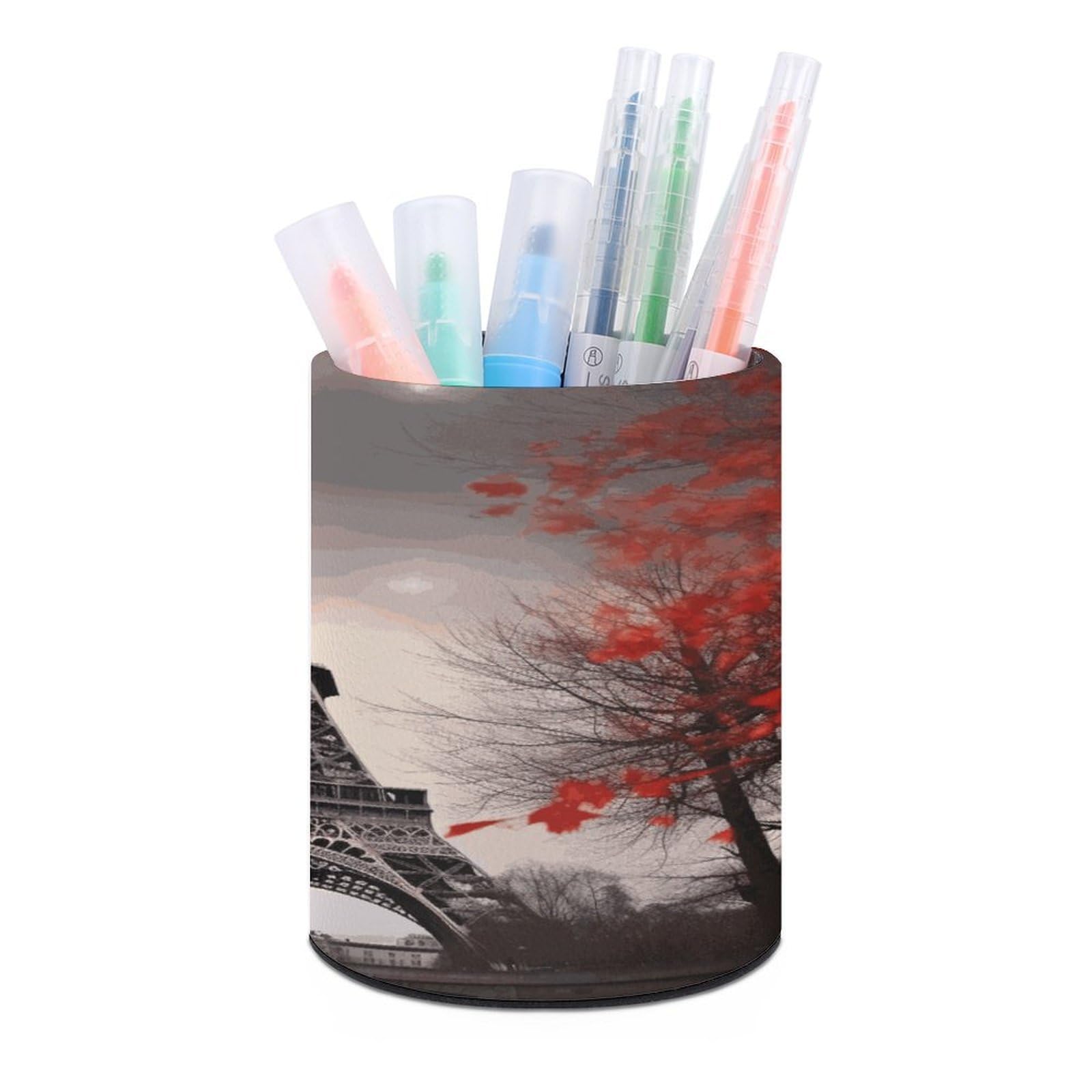 FekiLoot Eiffel Tower Autumn Leaves Pen Holder Personalized Desktop Pencil Holder Case Office Accessories Container Box Round Pen Cup Desktop Organizer Makeup Brush Holder Caddy Storage