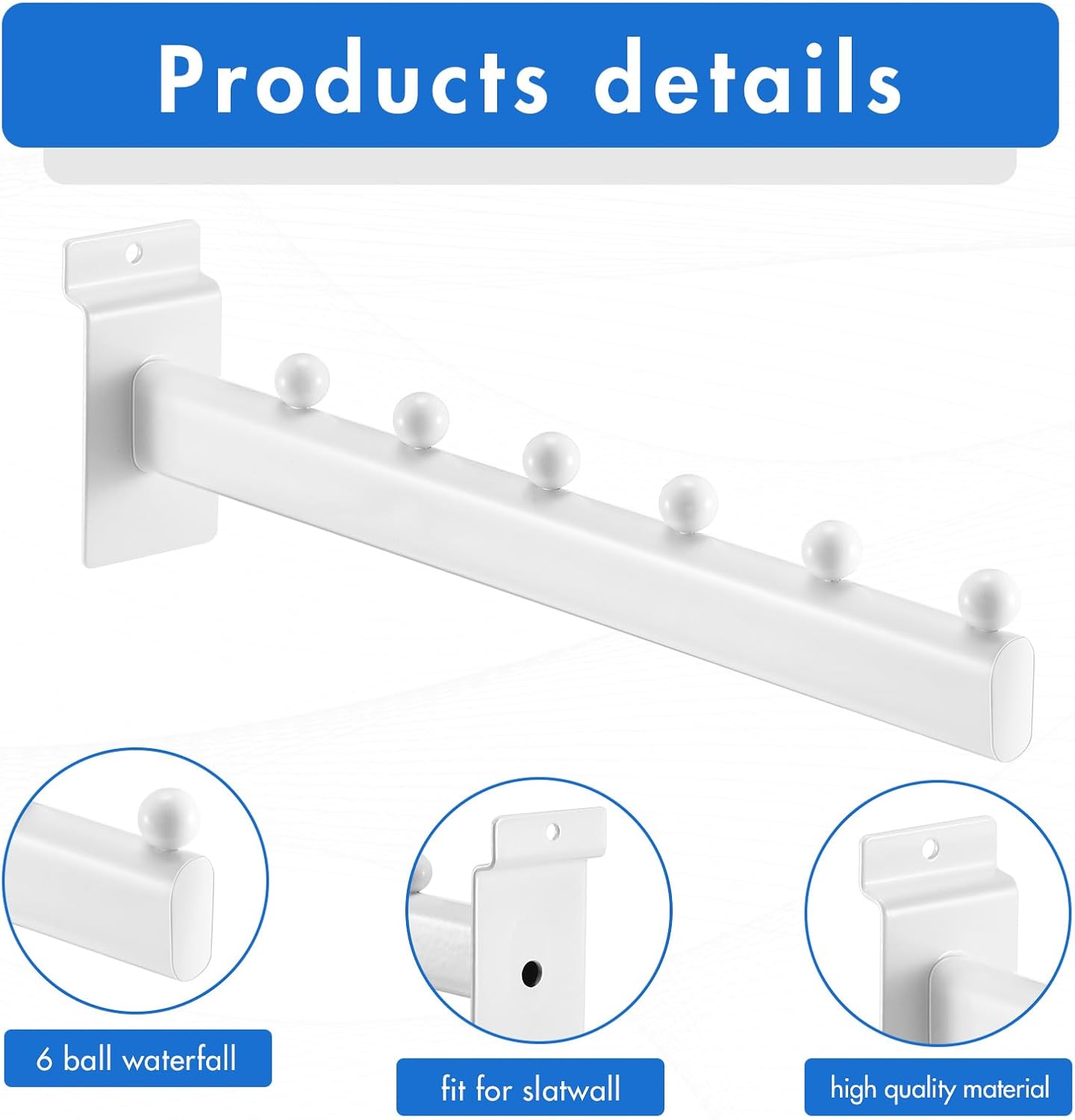 10 Pack 6 Ball Waterfall for Slatwall, 12 Inch Oval Tube Slat Wall Hanging Hooks Slatwall Hooks and Hangers Slat Wall Accessory for Clothing Retail Garage Shop Display (White)