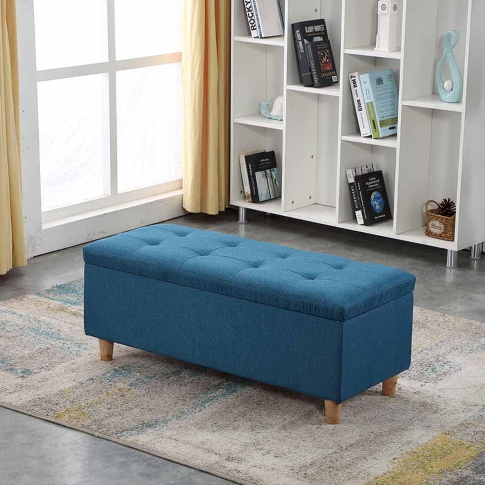 Fireproof Rectangular Folding Stool with Storage 89.9 cm Cotton Linen Sponge Cushion Solid Wood Frame Toy Box Shoe Changing Stool 150 kg Load Capacity
