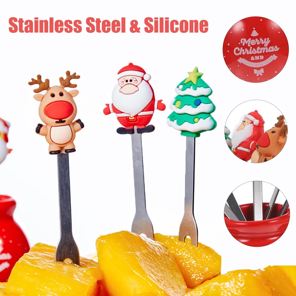 5 Pcs Christmas Fruit Fork with Ceramic Jar Holder Mini Stainless Steel Salad Fork Cartoon Santa Claus Xmas Tree Fruit Picks Cake Dessert Food Picks — Amazon image 4