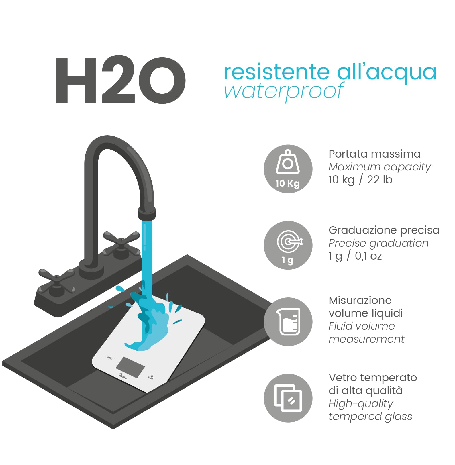 ARDES - AR1PA2V H2O Balance de Cuisine Numérique en Verre - IP65 Balance de Cuisine Électronique pour Aliments - Grammes et Onces - Balance de Cuisine Numérique avec Fonction Tare