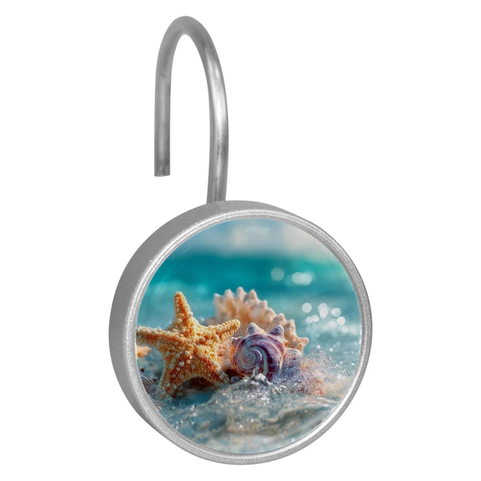 Beach Starfish Shells Decorative Shower Curtain Hooks Rings, Shower Hooks for Bathroom Shower Rods Curtains, 12pcs Shower Curtain Hooks