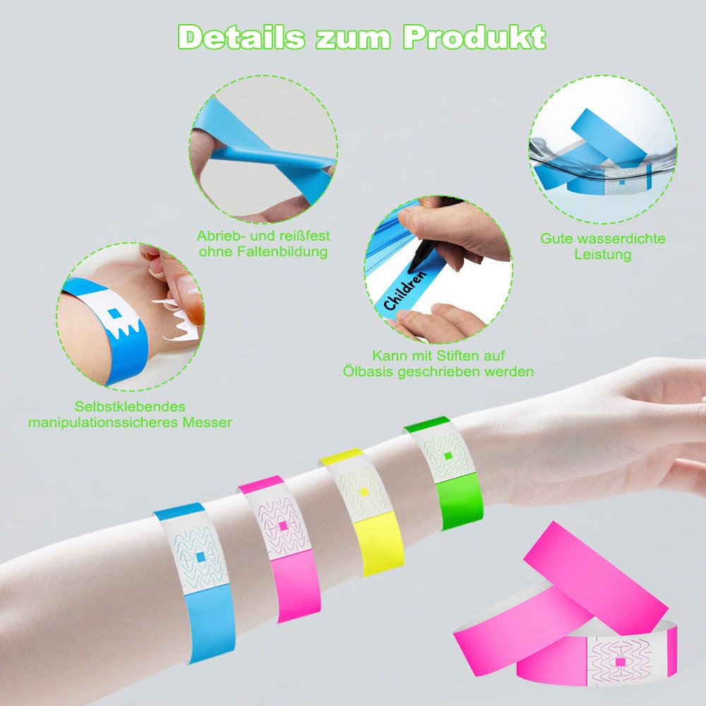 400 Stück Papier-Armbänder Wasserfest - Festival Armbänder Mit Sicherheitsverschluss