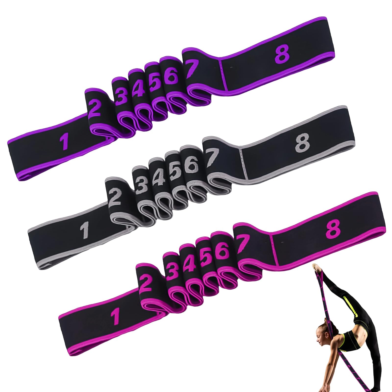 HSUYUN Yoga Straps for Stretching, Pack of 3 Resistance Bands with Loops, Coloured Segmented Stretch Band, Polyester Cotton, Multi Loops, Adjustable Loop Band, for Fitness, Yoga, Dance Training