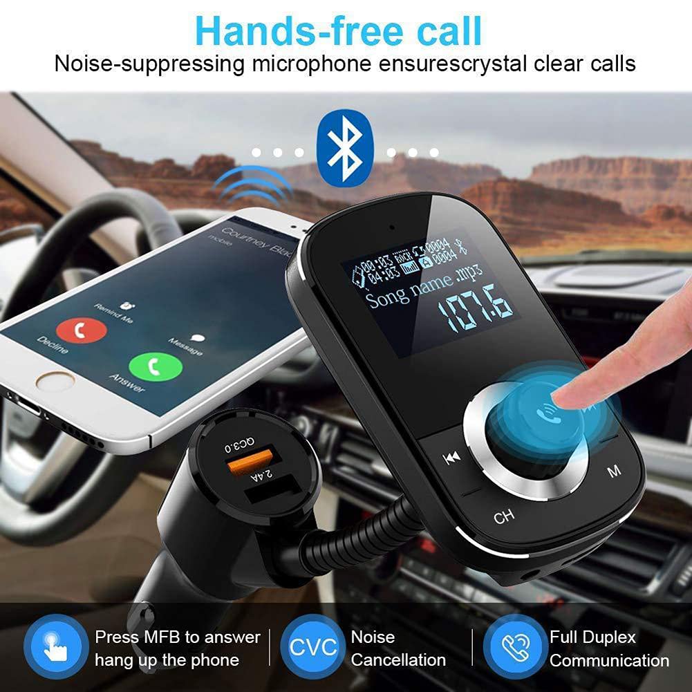 Bluetooth Car Adapter Transmitter FM Audio Receiver, BT 5.0 &QC 3.0 Wireless FM Transmitter with LED Backlit Hands-Free Calling 2 USB Ports Hi-Fi Music
