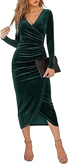 JENJON Women Dress Velvet 2.0 Long Sleeve Elegant V Neck Wrap Bodycon Ruched Mini Dresses Party Autumn Winter