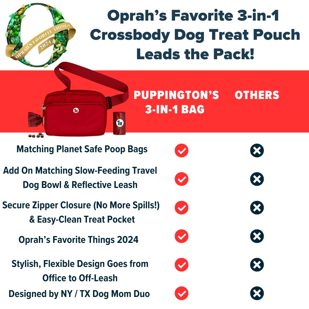 Puppington Bolsa de golosinas para perros para adiestramiento de mascotas, bolsillos con cremallera y dispensador de bolsas para excrementos de color, bolsa cruzada y riñonera, bolsa para pasear