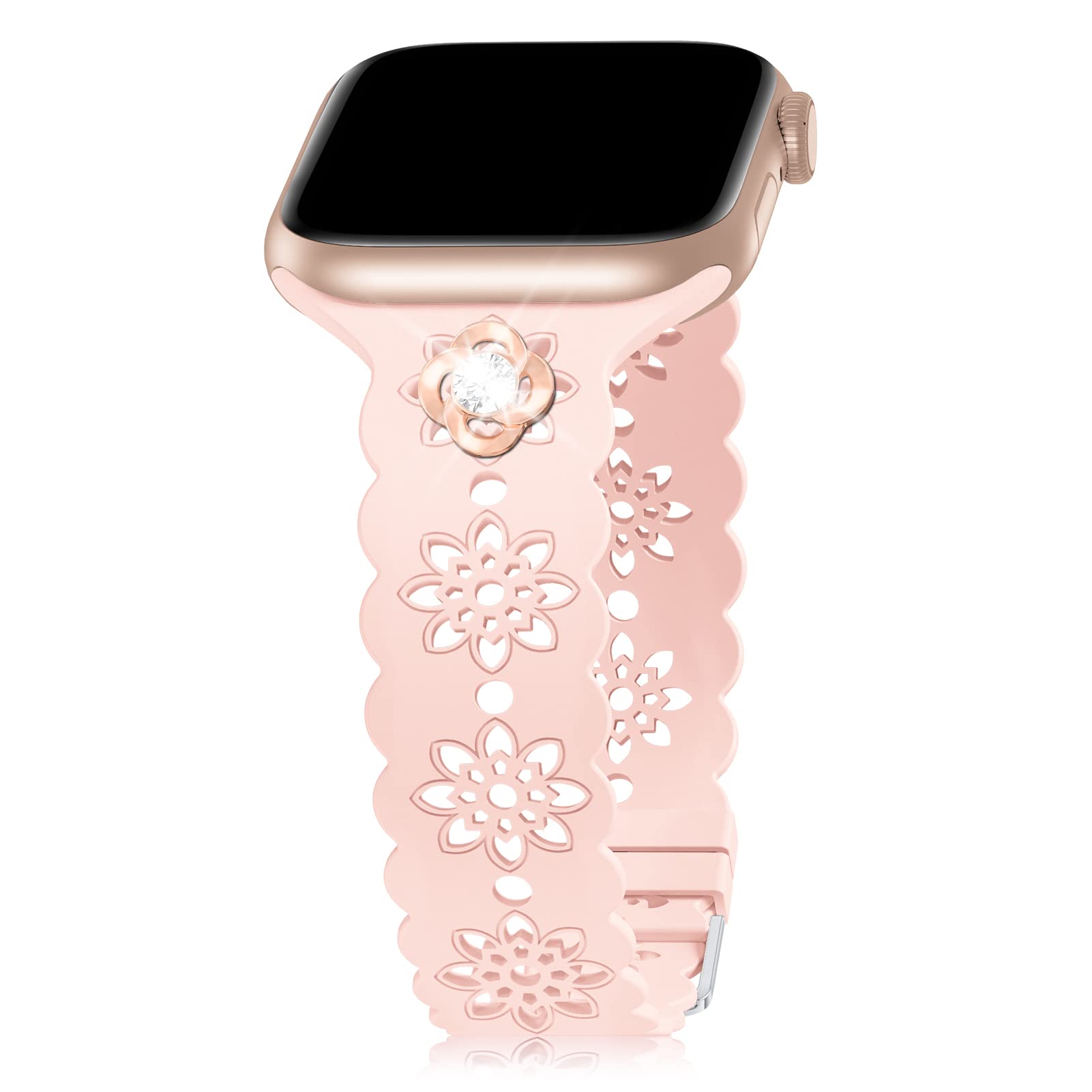 Floral Silicone Band with Charms Stud Compatible with Apple Watch Bands 38mm 40mm 42mm 44mm 41mm 45mm 46mm 49mm Women, Slim Hollow-out Wristbands Sport Bands for iWatch Ultra SE Series 10 9 8 7 6 5 4 3 2 1