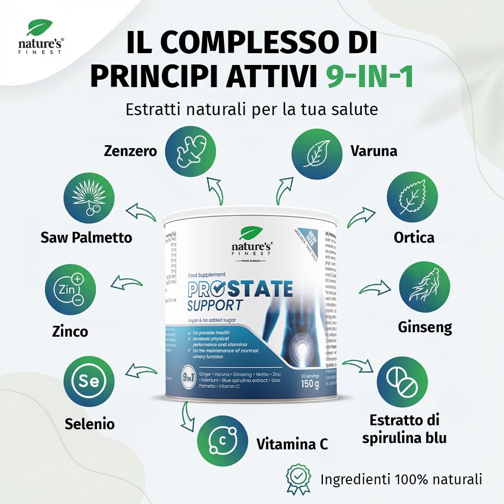 Nature's Finest PROstate Support, Integratore Prostata con Saw Palmetto (Serenoa Repens), Supporto Prostatico, Formula Naturale con Varuna, Ortica, Ginseng e Zinco, Alta Bio-Disponibilità, 150g