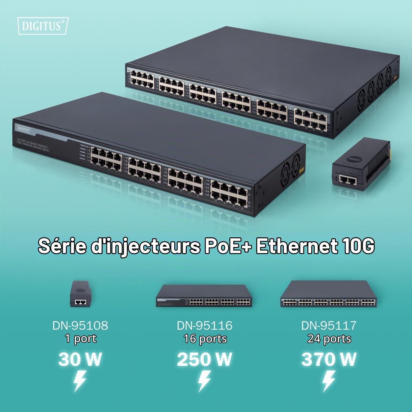 DIGITUS PoE+ Injecteur - 16 ports - IEEE802.3at - 10 Gbit/s - rack 19 pouces - 250 Watt total - jusqu'à 30 Watt/port