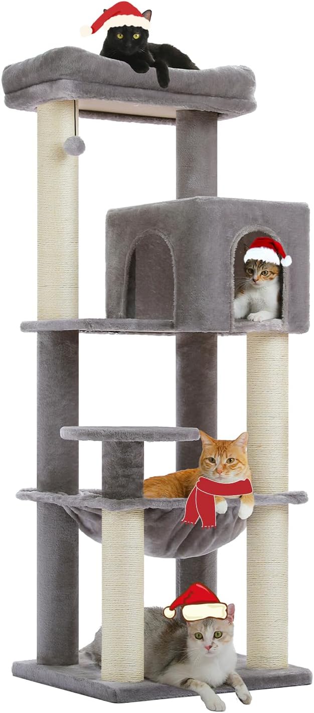 Large Cat Tree with Reinforced Scratching Posts (3.7in) for Big Adult Cats 30 lbs, 57.8" Heavy Duty Cat Tower with Larger Hammock and Condo, Cat Furniture for Maine Coon, Plush,Grey