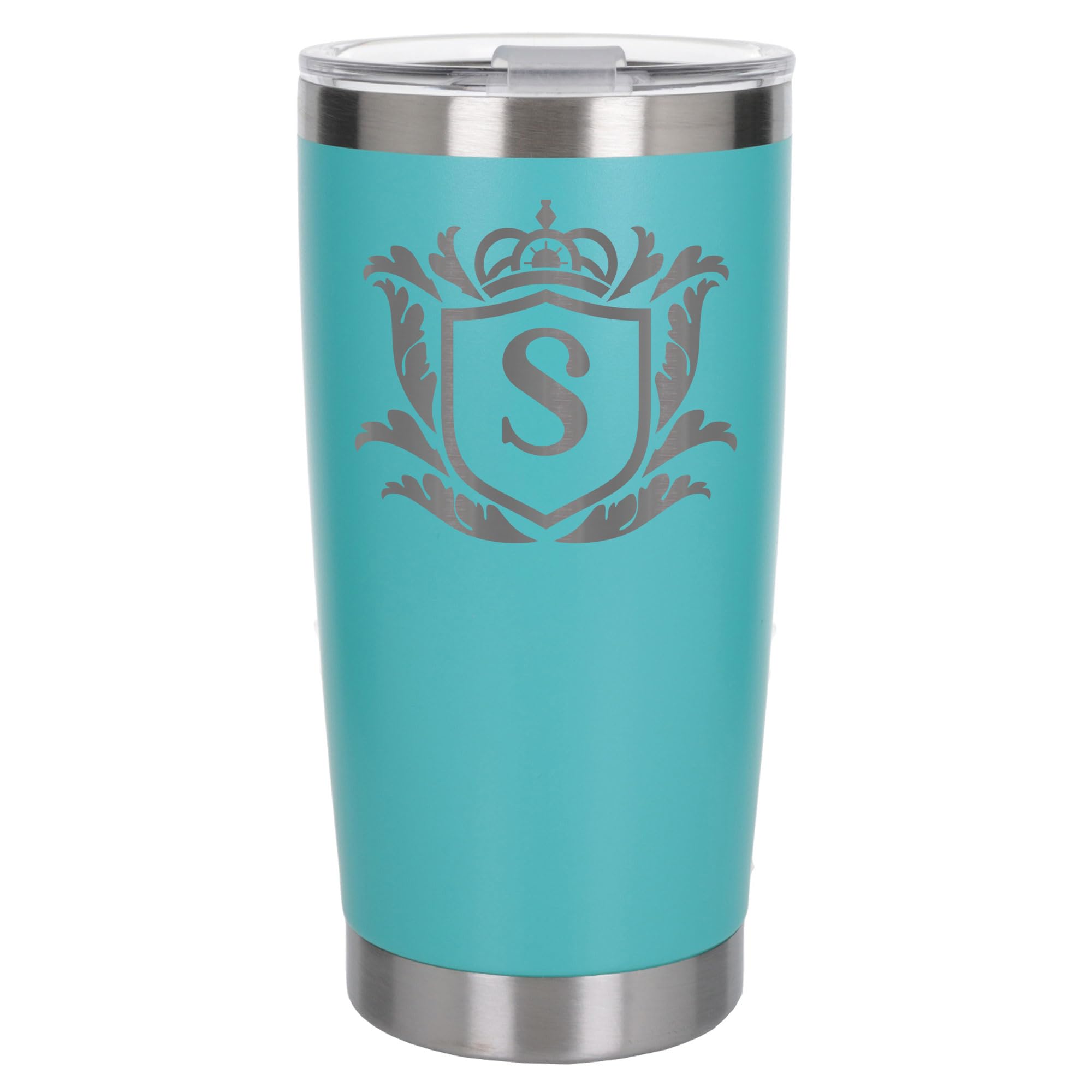 Customised Gifts 500ml Engraved Shield Initial Monogram Insulated Personalised Turquoise Travel Mug for Men and Women - Personalised Initial Coffee Travel Mug for Hot and Cold Beverages, Letter S