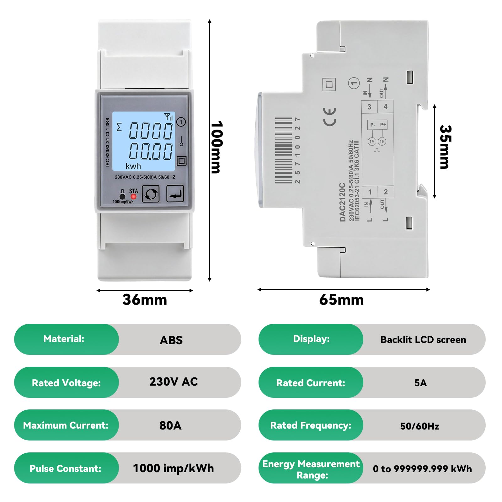 Contatore energia elettrica wifi 80A Tuya misuratore di consumo elettrico AC230V misuratore consumo elettrico monofase digitale LCD 1000 imp/kWh Protezione da sovratensione e sovracorrente DAC2120C