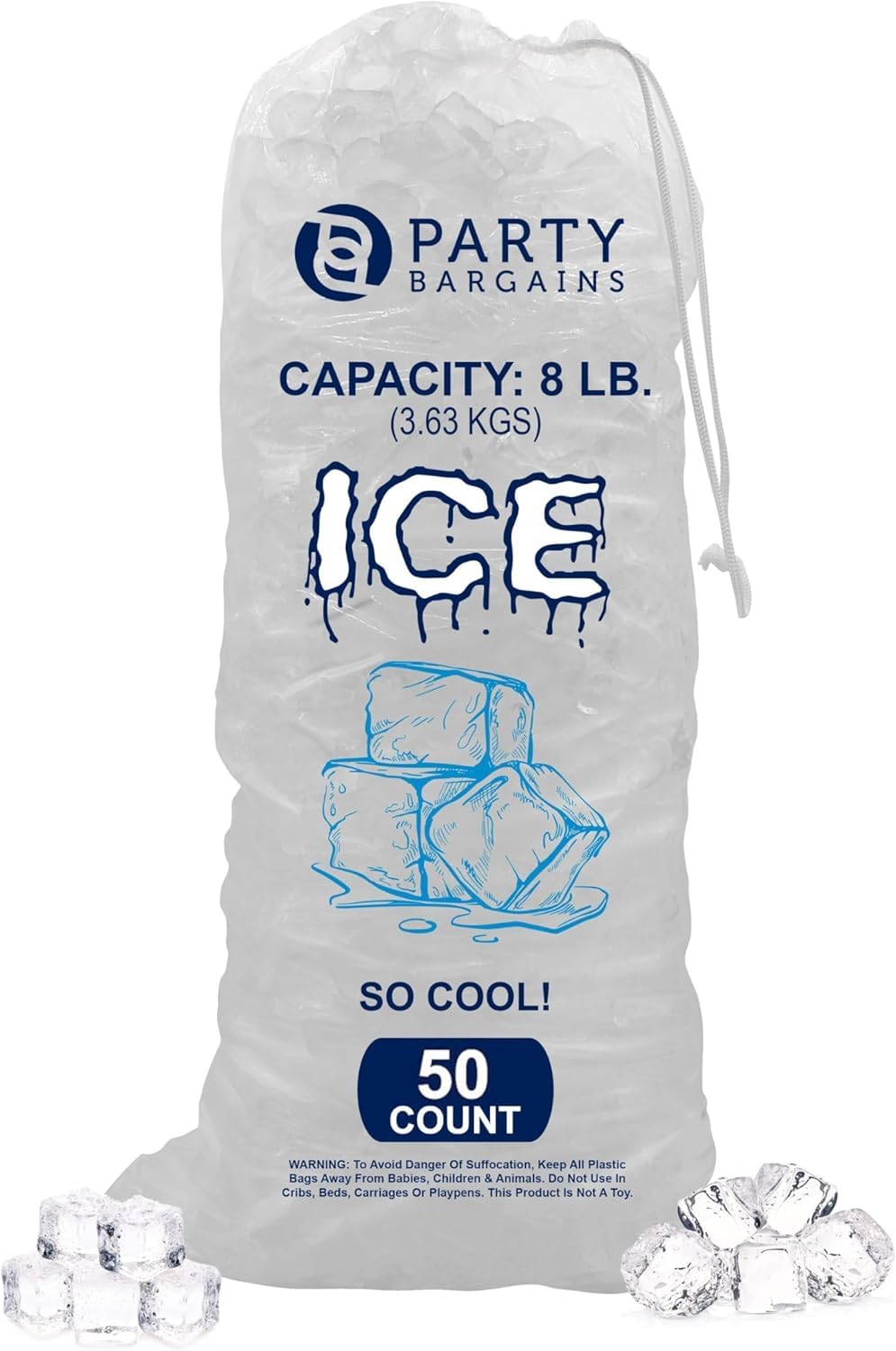 Party Bargains 8 lb Plastic Drawstring Ice Bags 19"x11" (50 Count)