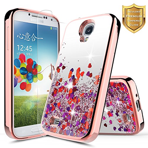 Galaxy S4 Case w/[Tempered Glass Screen Protector], NageBee Glitter Liquid Quicksand Waterfall Floating Flowing Sparkle Shiny Bling Girls Cute Case for Samsung Galaxy S4 -Electroplate Rose Gold