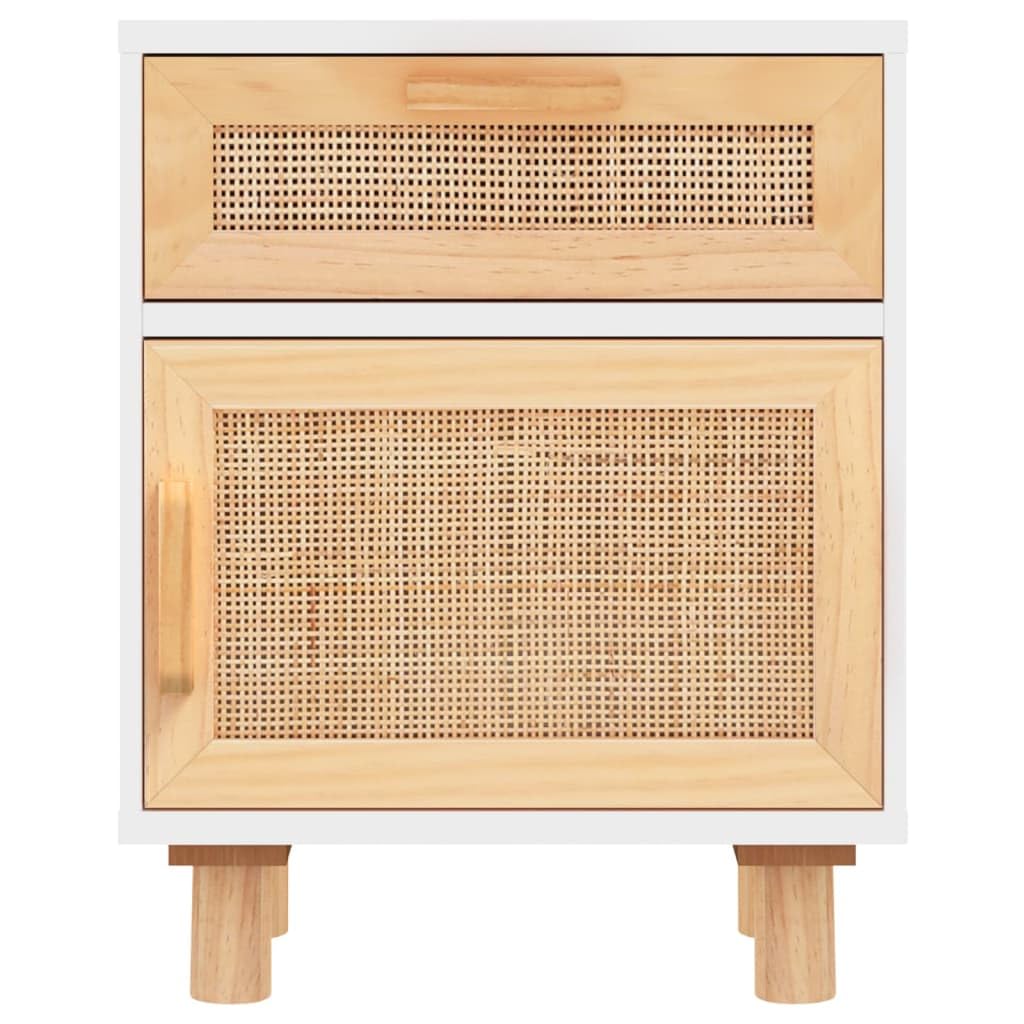 Fengshui Comodino bianco in legno massello di pino e rattan naturale