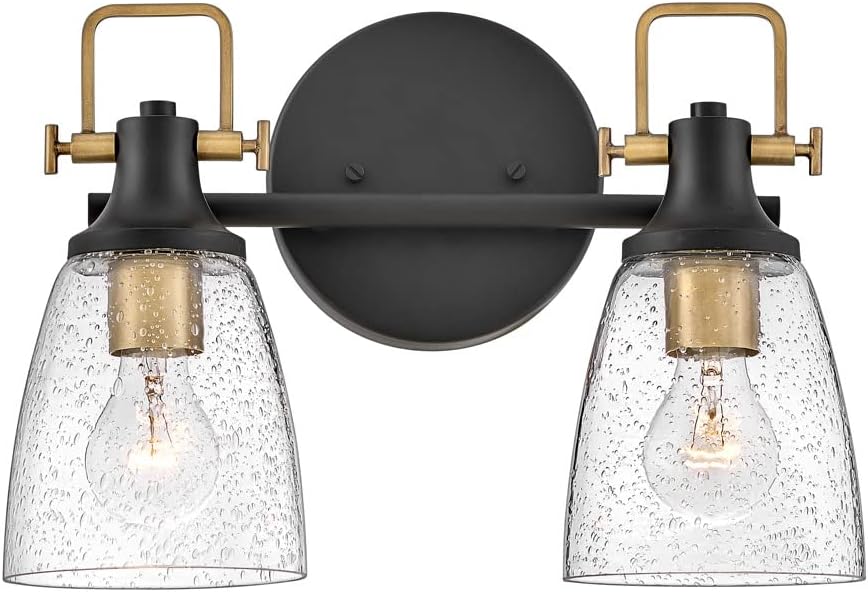 Hinkley Easton Two Light Bath Vanity Fixture, Modern Industrial, Clear Seedy Glass Shade, Mounts Up or Down, Black and Heritage Brass