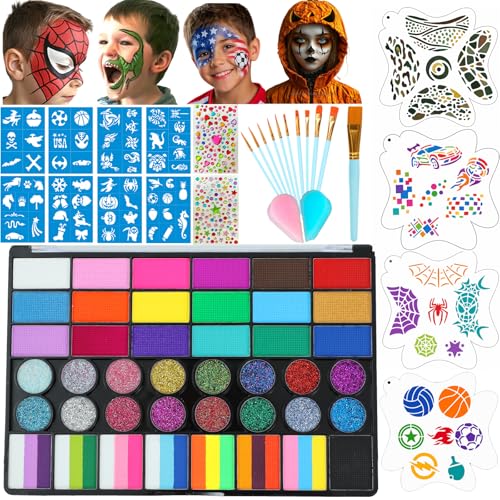 Image of Face Painting Kit , 42 Colors Professional Face Paint Makeup Kit Non-Toxic Water Activated Facepaint Palette with Brush, Stencil, Sponge, Gem, for Party Halloween (42 Colors kit for Boys)