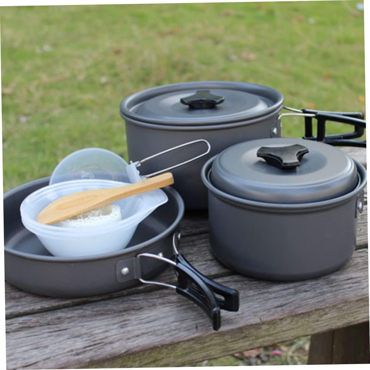 Happyyami Essential Outdoor Camping Accessories Folding Pot Pan Set Cooking Kit Mesh Bag Suitable for BBQ Picnic Hiking