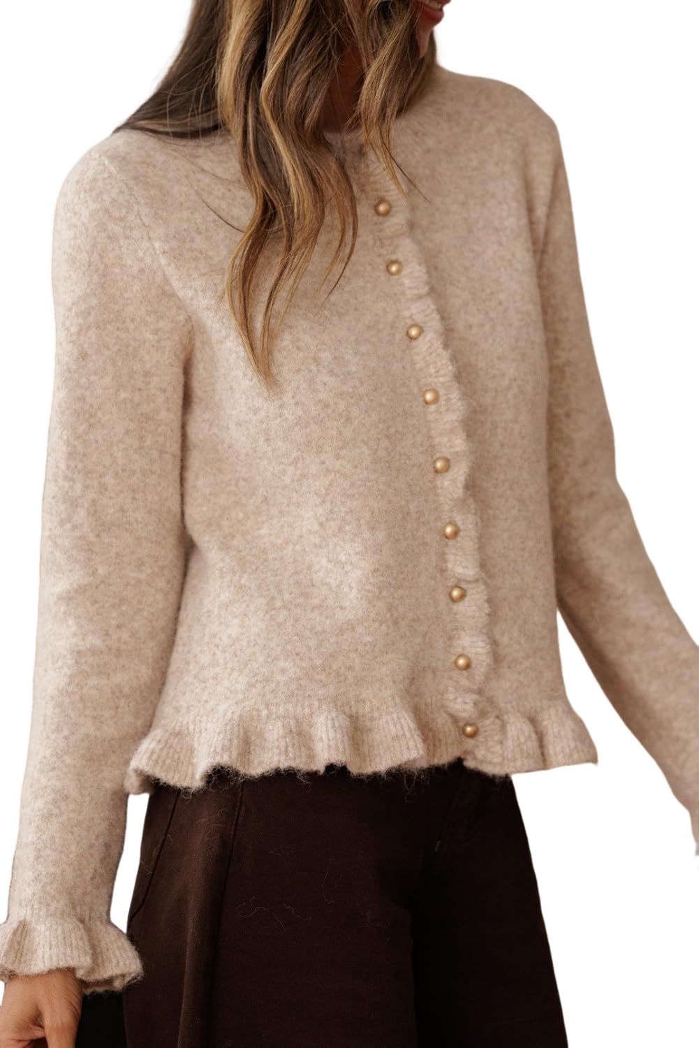 Wolddress Womens Warm Sweaters Oatmeal Ruffle Trim Gold Button Sweater Cardigan