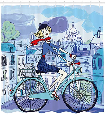 ABAKUHAUS Paris Shower Curtain, Young Woman French Hat and Funny Cat on Bicycle in French Street Watercolor - Image 2