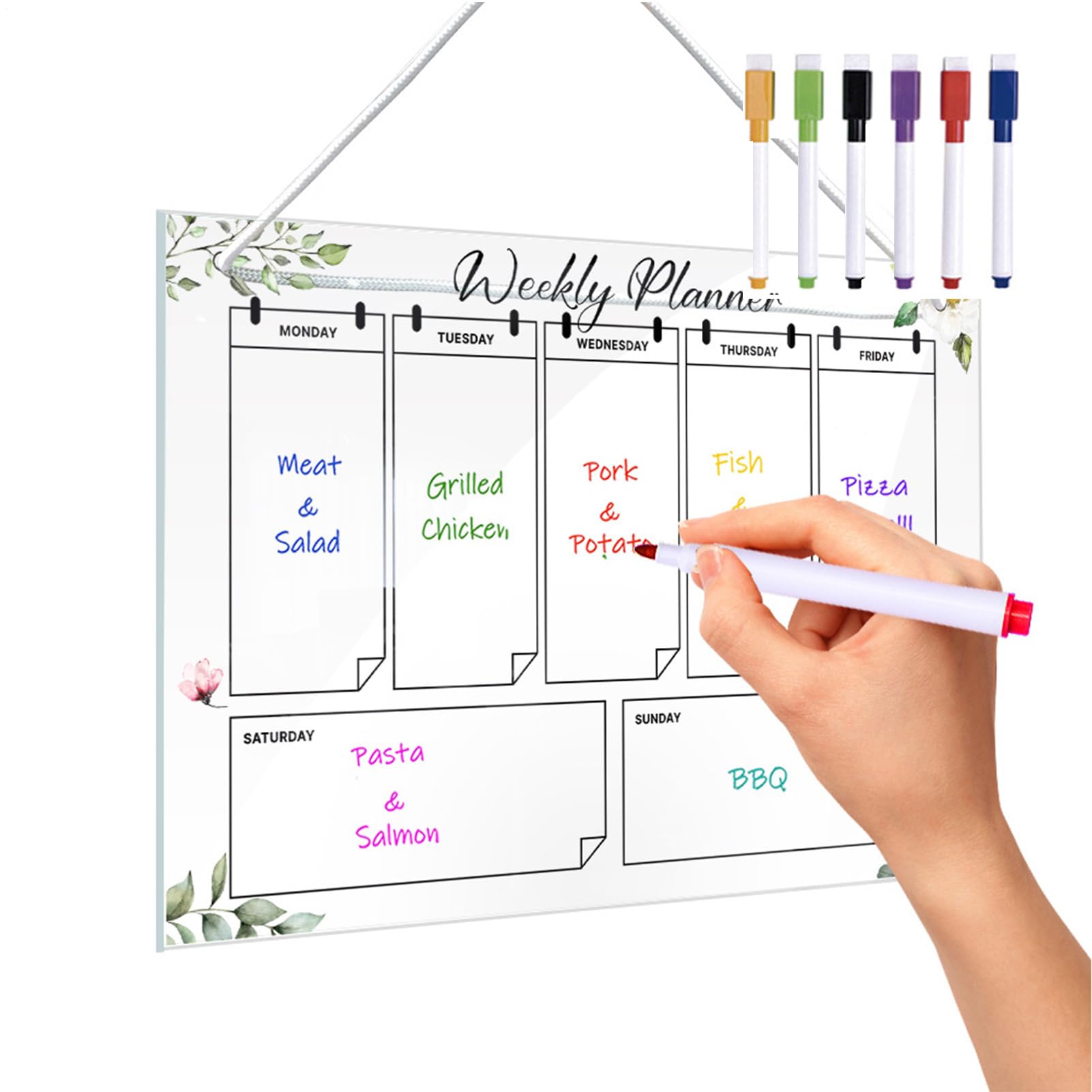 Weekly Planner - Memo Board | Hanging Acrylic Weekly Planer Boarrd | Clear Dry Erase Calendar With Rope & Hook | Includes 6 Color Markers For Wall, Glass, Refrigerator, Office Or Home Message Boad O