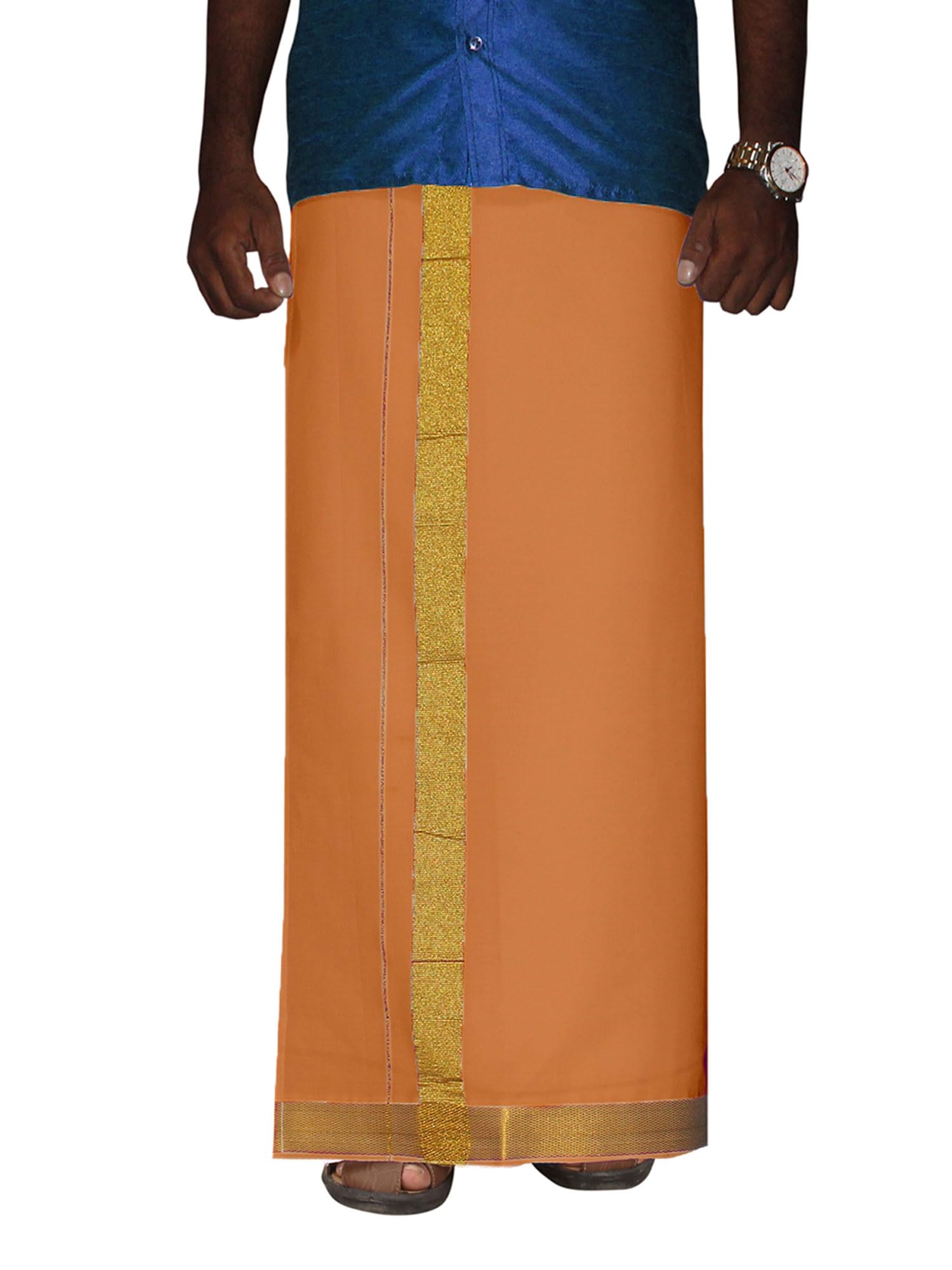 Prakasam Cotton Men's Kaavi Colour 2 Inch Gold Jari Border Welcro Pocket Dhoti/Size Hip -42 Inches- Length- 42 Inches