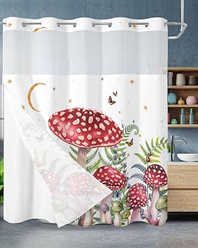 Boho No Hook Shower Curtain with Snap in Liner, Fern Mushroom Moon Butterfly Shower Curtains for Bathroom Waterproof Country Bath Curtain with See Through Mesh Top Window 72" x 72"