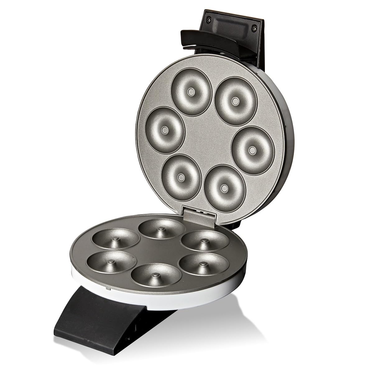 Cloer 6121 Máquina para hacer donuts para 6 mini donuts o bagels, revestimiento antiadherente, luz indicadora roja, almacenamiento que ahorra espacio, almacenamiento de cable, 520 W, blanco