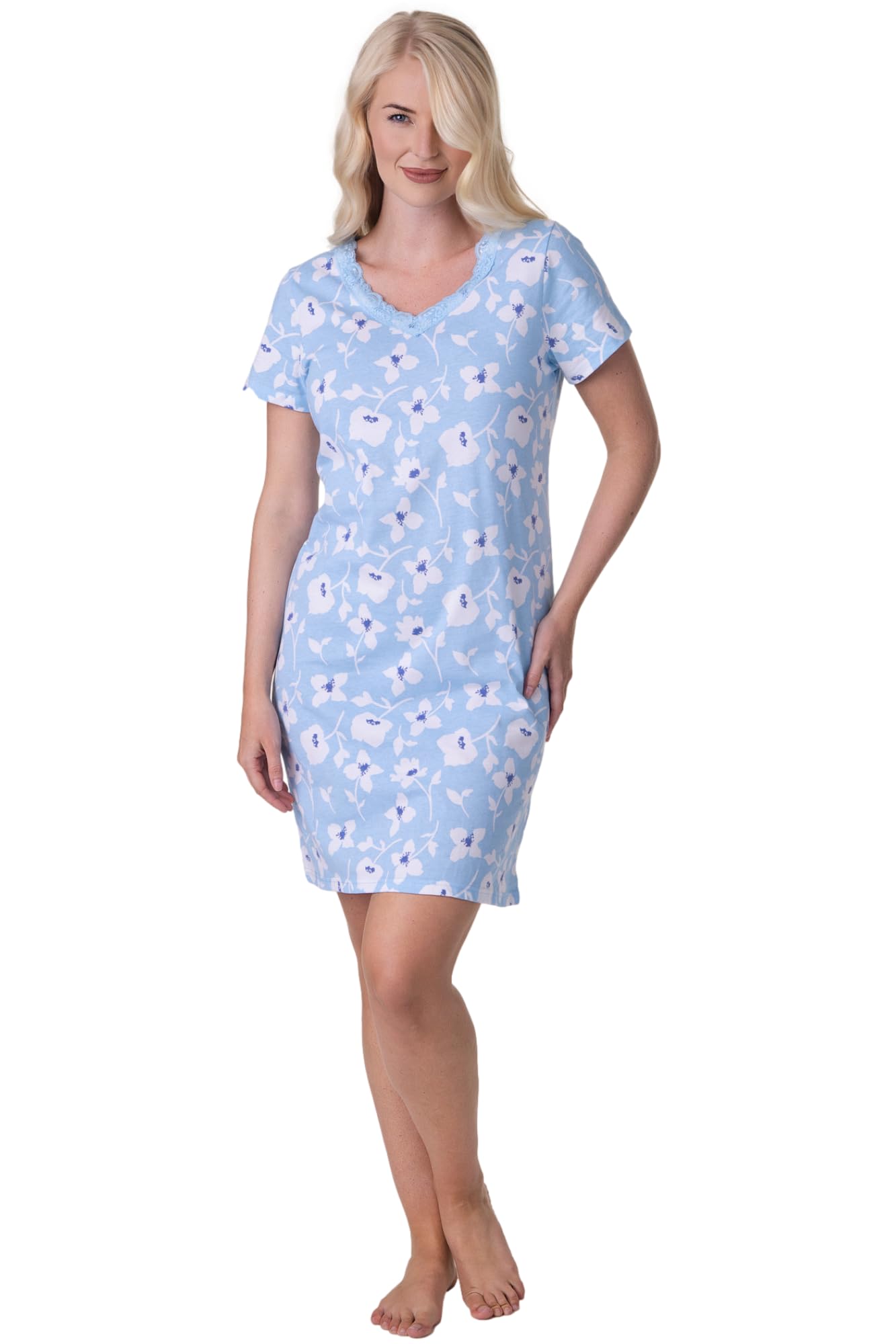 Camille Women's Blue Floral And Heart Print Cotton Nightdress