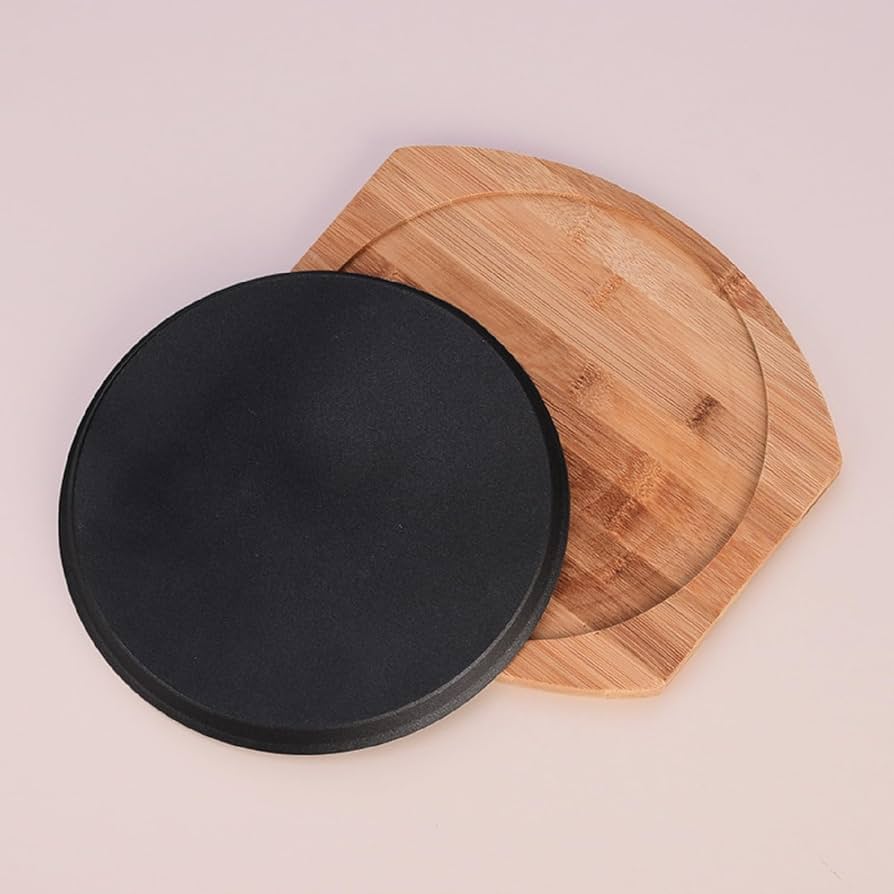 ステーキ皿 柄付20cm 鉄板１０枚、木板９枚 ステーキ皿 IH対応 小判型 楕円 25cm×16cm 専用木台付き 鉄板皿