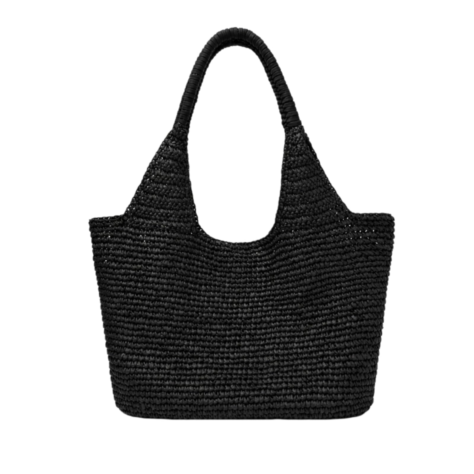 Bolso Hombro Paja Negro Mano De Ganchillo Gran Capacidad Verano Playa Vacaciones Comprador-Black