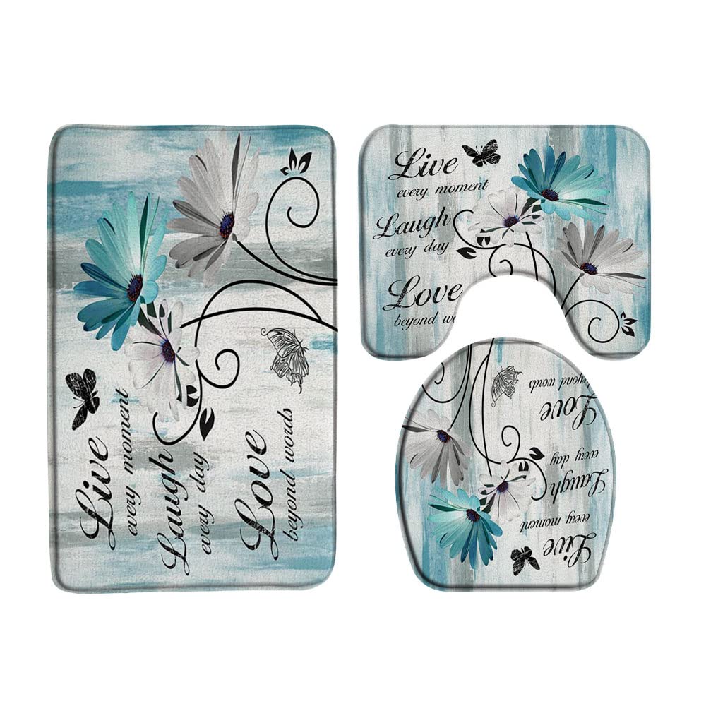 Farmhouse Floral 3 Piece Bath Rugs Set,Teal Daisy Inspirational Quotes Butterfly Rustic Wooden Turquoise Blue Bathroom Kitchen Rug with 17.8