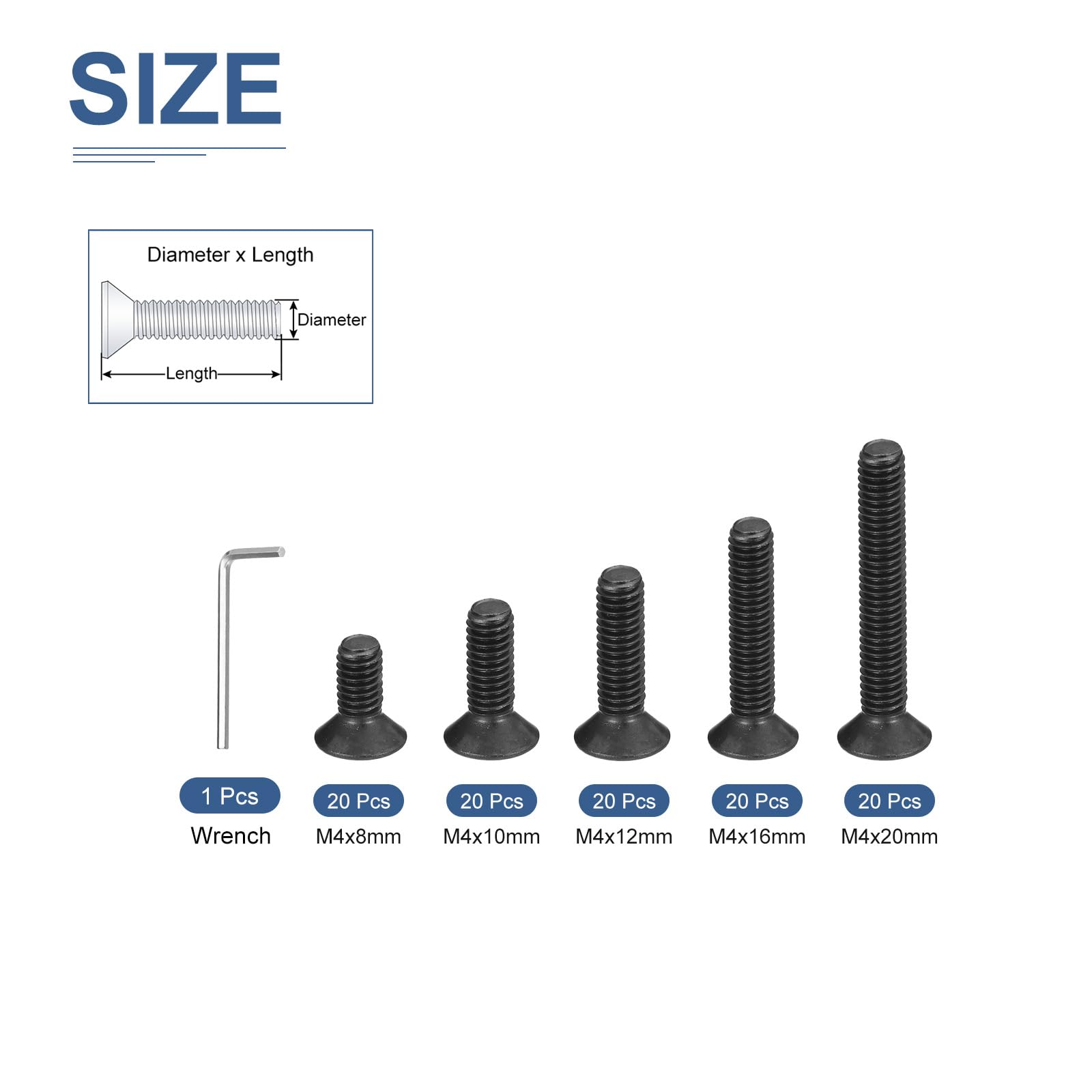 DTGN 100Pcs M4 x 8mm /10mm /12mm /16mm /20mm Flat Head Hex Socket Cap Screws Bolts Kit with Wrench, Carbon Steel Black Oxide - Image 2