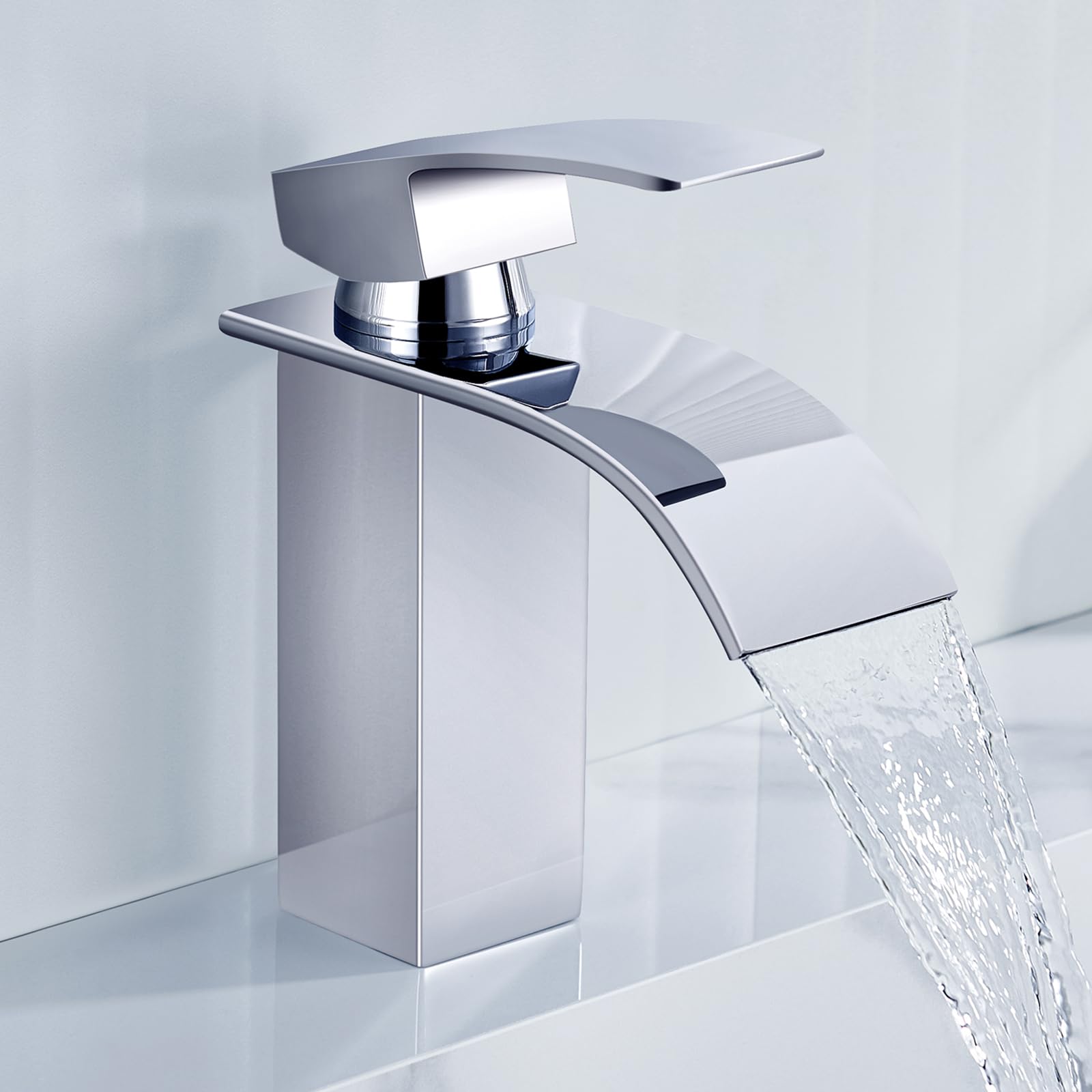 ANYCEE Rubinetto Bagno Lavabo a Cascata, Miscelatore Lavabo Bagno con Altezza Bocca 8,5cm, Miscelatore Lavabo a Cascata con Acqua Calda e Fredda