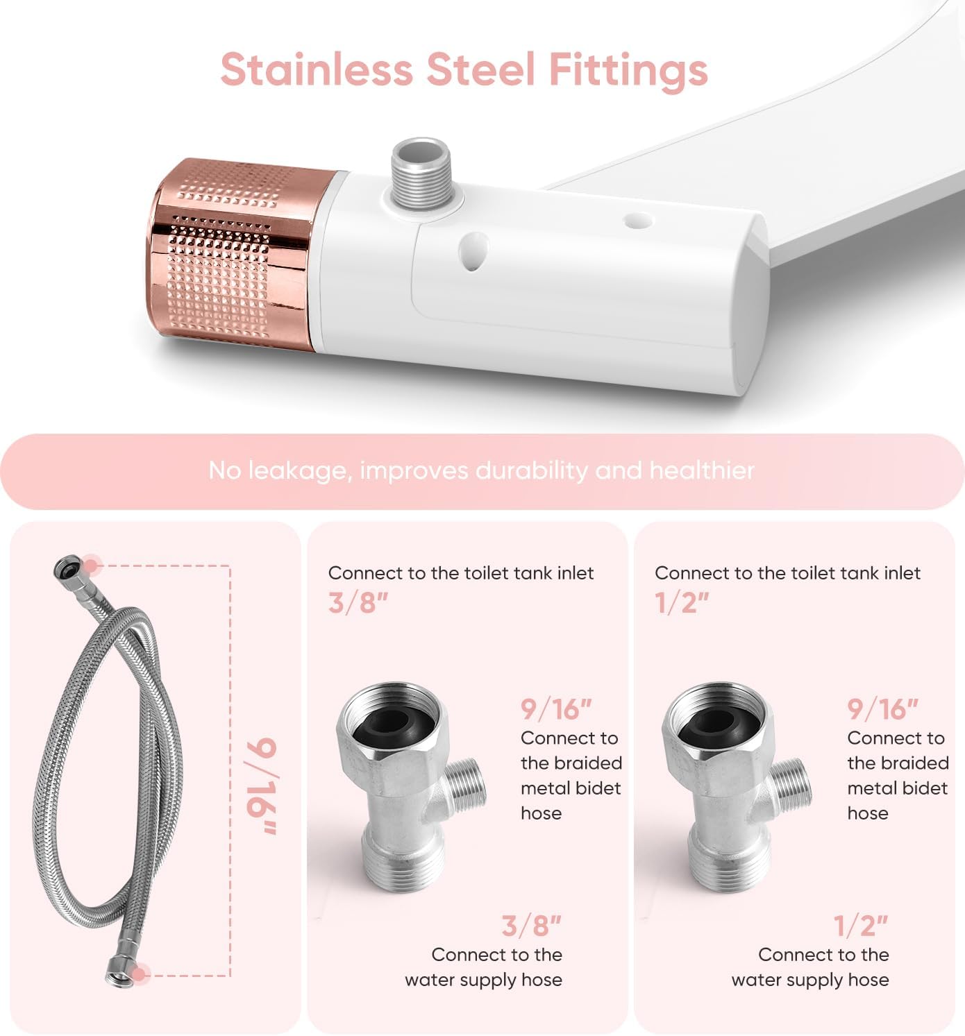 Ultra-Slim Bidet Attachment, Posterior&Feminine Wash-(Retractable Dual Nozzles), Non-Electric Bidet Attachment for Toilet Seat, Adjustable Fresh Cold Water Pressure, Stainless Steel Inlet (Rose Gold) image 4