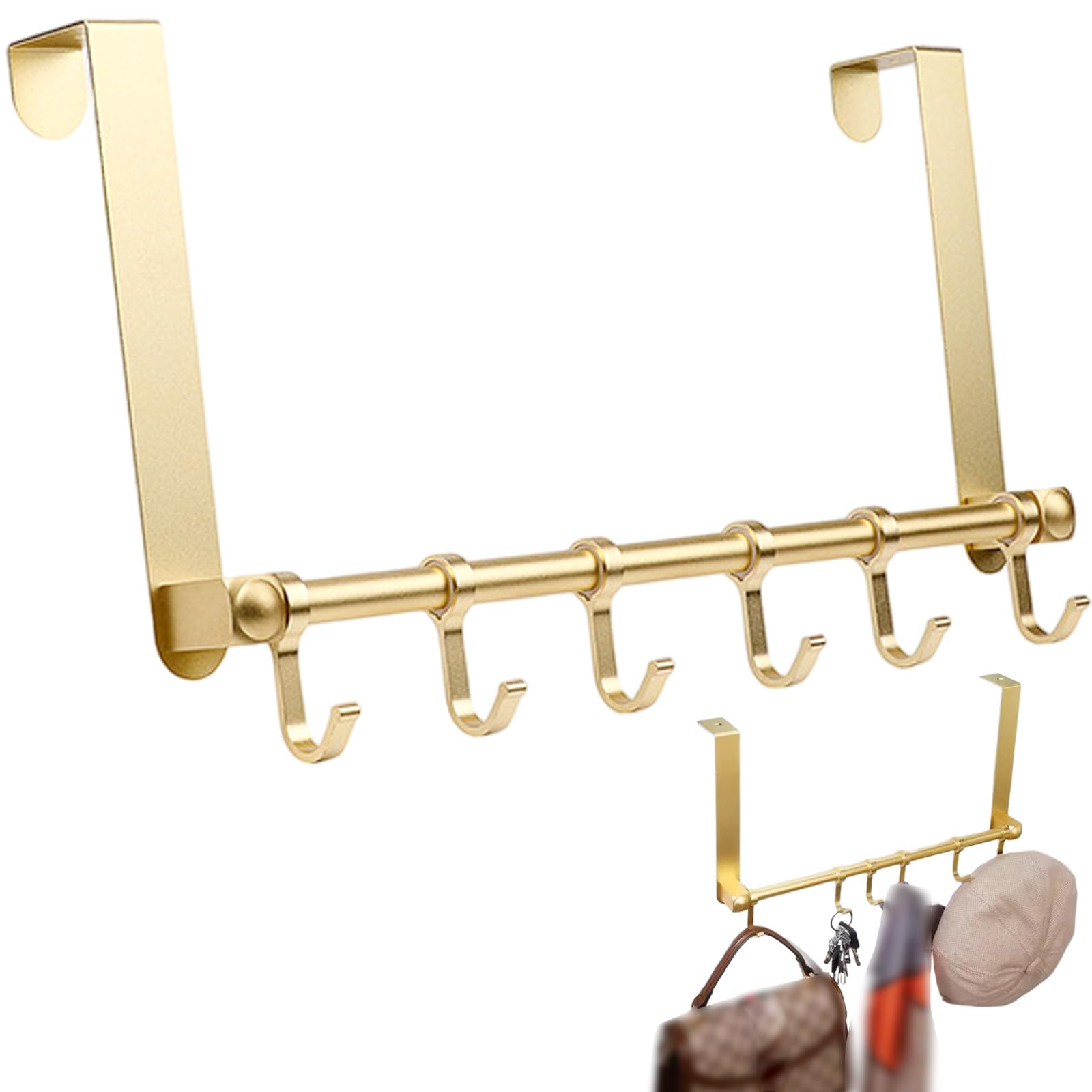 Gold Aluminium Over The Door Hanger with 6 Slideable Heavy Duty Hooks, Anodized Over Door Organizer for Hat, Coat, Purse, Key, Towel, Space Saving