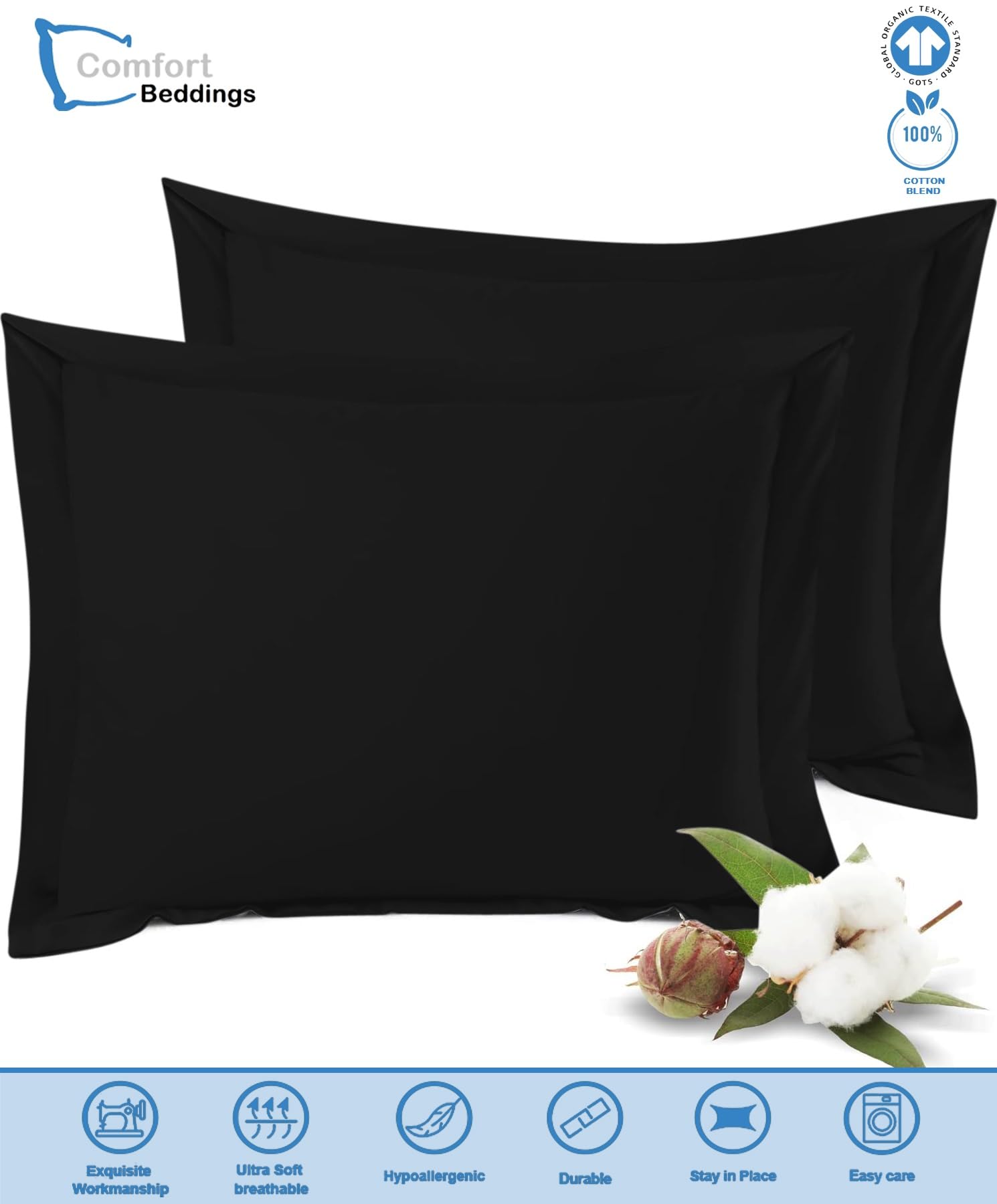 Comfort Beddings Premium Quality Pillowcases 100% Cotton Blend Square Pillow Cases Pack Of 2 - Image 2