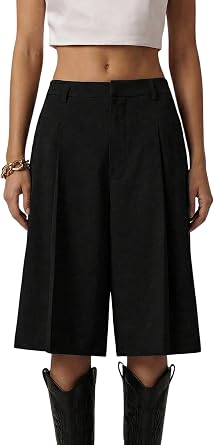 Milumia Womens Dressy Casual Wide Leg Bermuda Shorts Pleated Dress Shorts with Pockets
