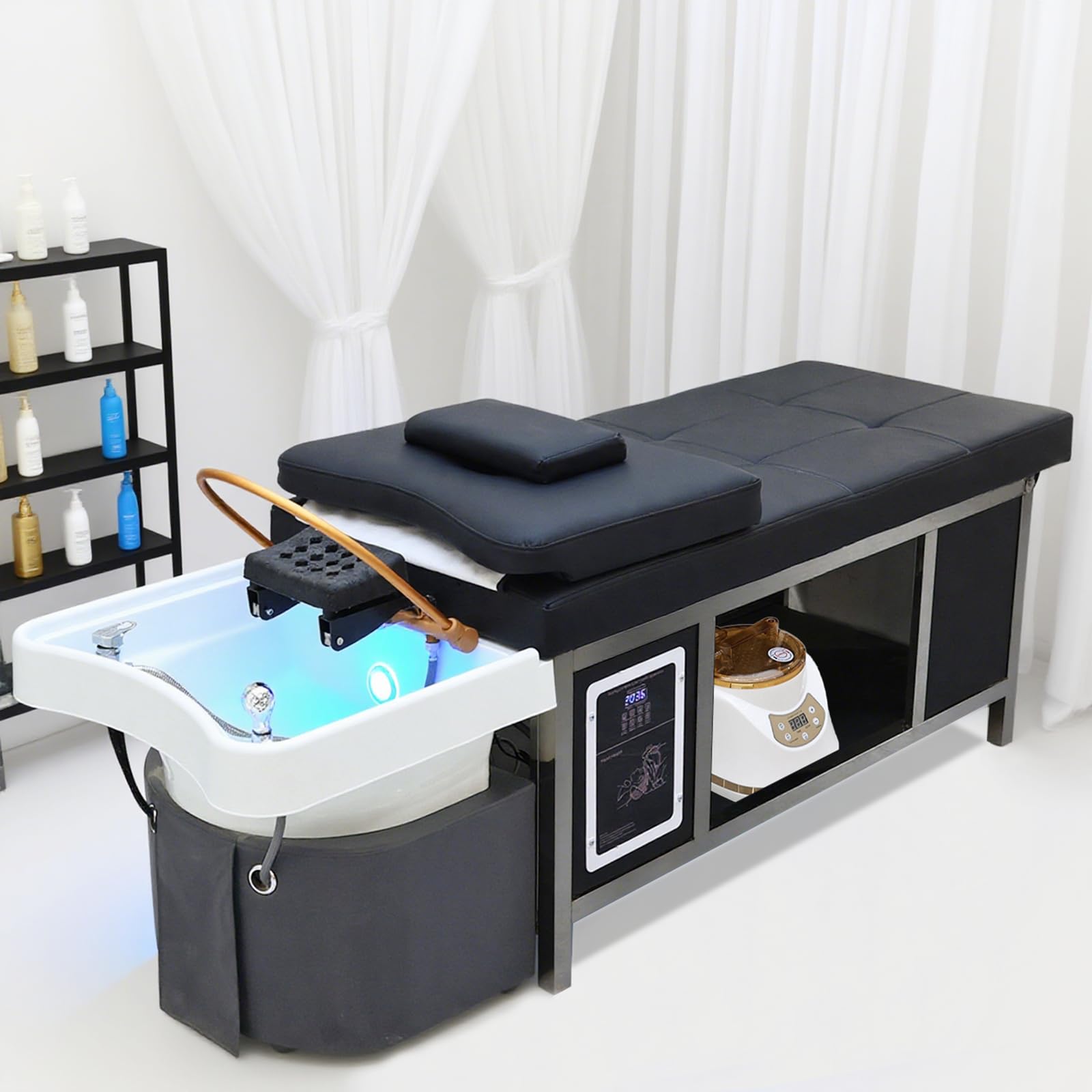 Attrezzatura professionale per centri benessere con vaporizzatore e lettino per shampoo a circolazione d'acqua, lettino per massaggio del cuoio capelluto per salone, barbiere, centro benesse