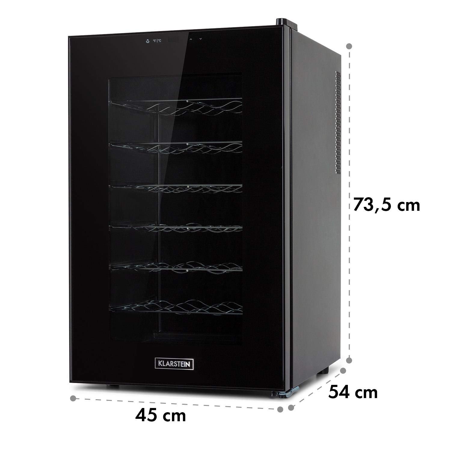 KLARSTEIN Barolo - Cave à vin, Porte en verre, Tiroirs métalliques, Eclairage intérieur LED, Facile à nettoyer, 70 litres, 28 bouteilles - Noir