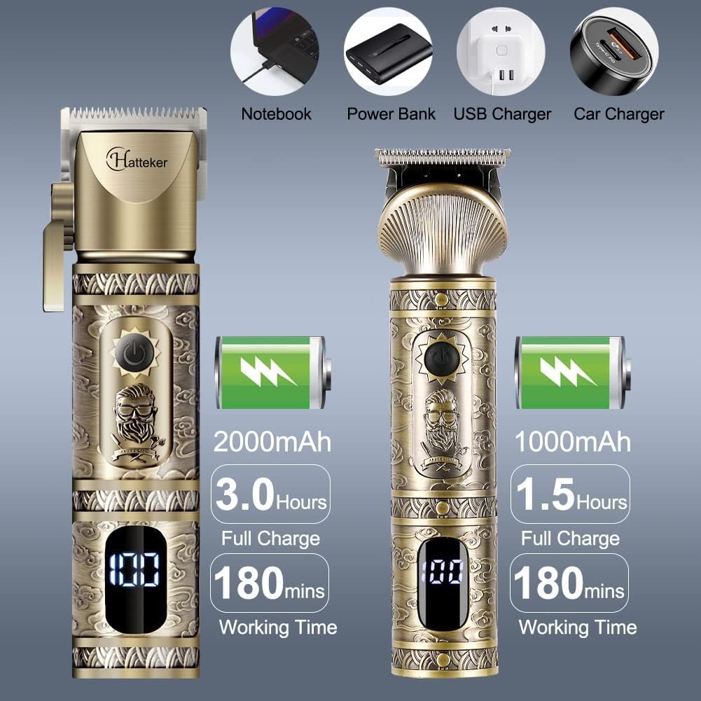 Hatteker Professional Hair Clipper e T-Blade Trimmer Set Per Gli Uomini Cordless Ricaricabile Barber Clipper Beard Nose Hair Trimmer Multipurpose Grooming Kit Display LED (Oro)