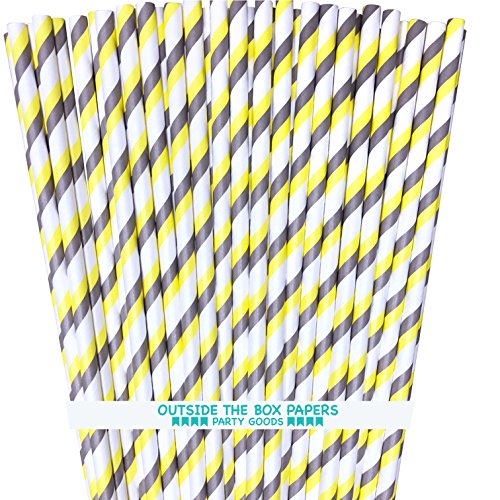 Striped Paper Straws - Yellow Gray White - 7.75 Inches - Pack of 100 - Outside the Box Papers Brand