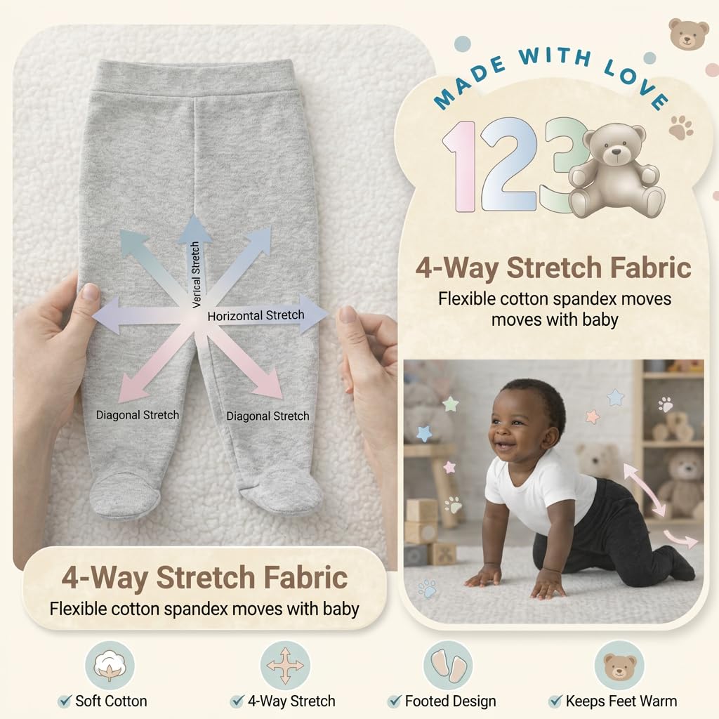 123 Bear Pantalones de bebé de algodón suave y elastano con perneras