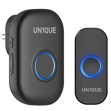 UN1QUE Wireless Door Bell for Home - Small Calling Bell for Office, 1000ft Long Range with 32 Chimes, 100dB Louder Volume, 4 Level Volume, LED Light (U600) (Black 1 Receiver +1 Portable Push Button) - image, photos