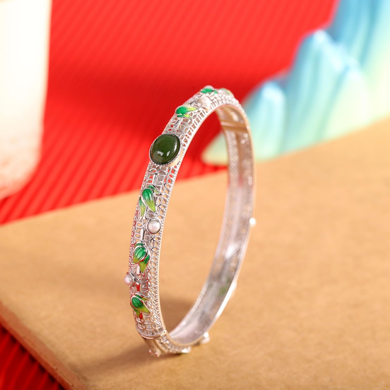 Braccialetti d'argento, braccialetti da braccialet Bracciale rigido aperto da donna in argento sterling S925 con perle e diaspro da 5*8 mm, smaltato, artigianato tradizionale, accessorio perfetto for