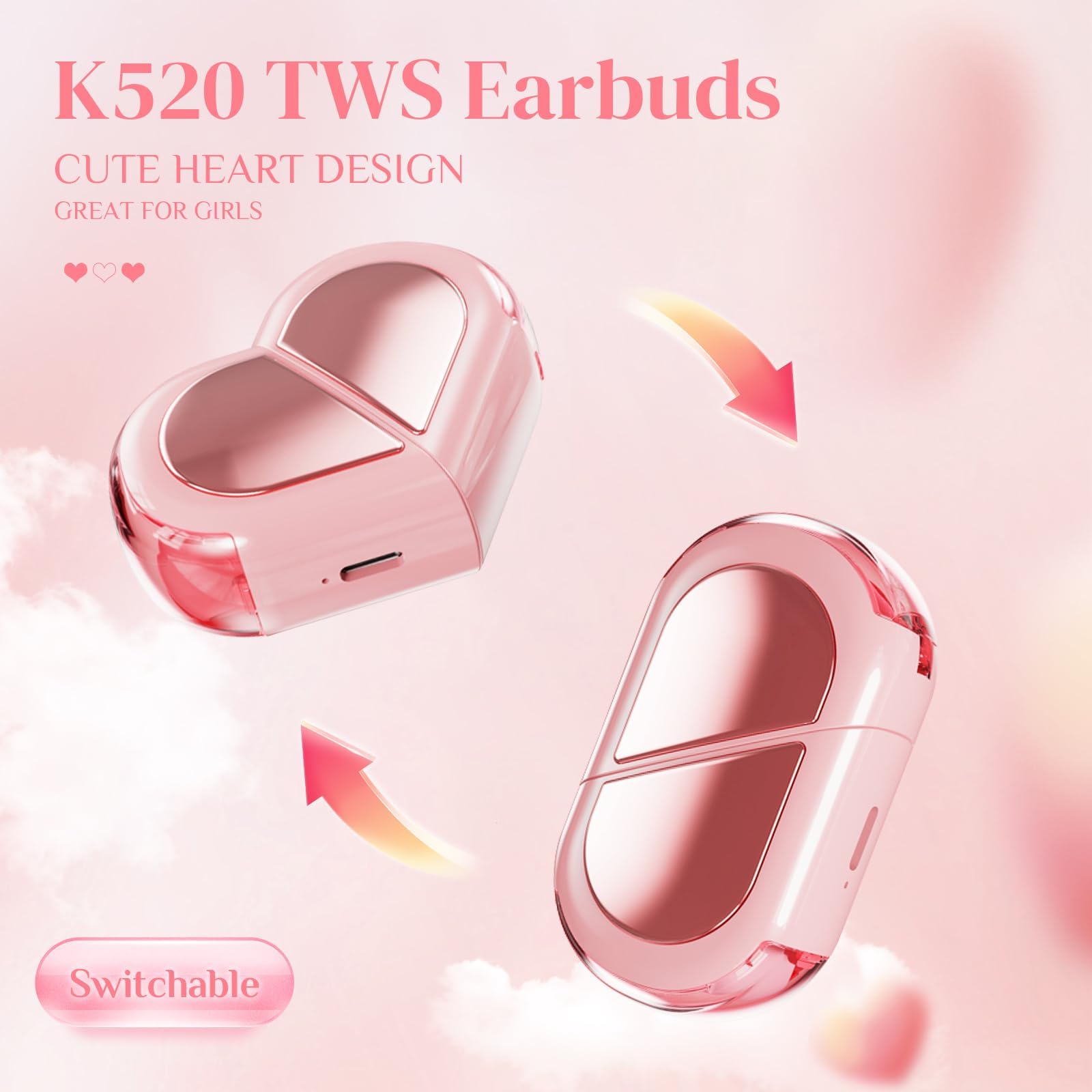 Auricolari wireless a forma di cuore rosa per ragazze e bambine, mini e piccoli, invisibili, wireless, Bluetooth, per orecchie piccole, canali, donne, oro rosa, Kawai, blu, per iPhone e