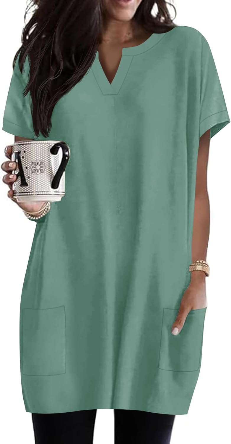 Rapbin Womens Tunics or Tops to Wear with Leggings Short Sleeve V Neck Long T-Shirts with Pockets 2026 Spring Shirts