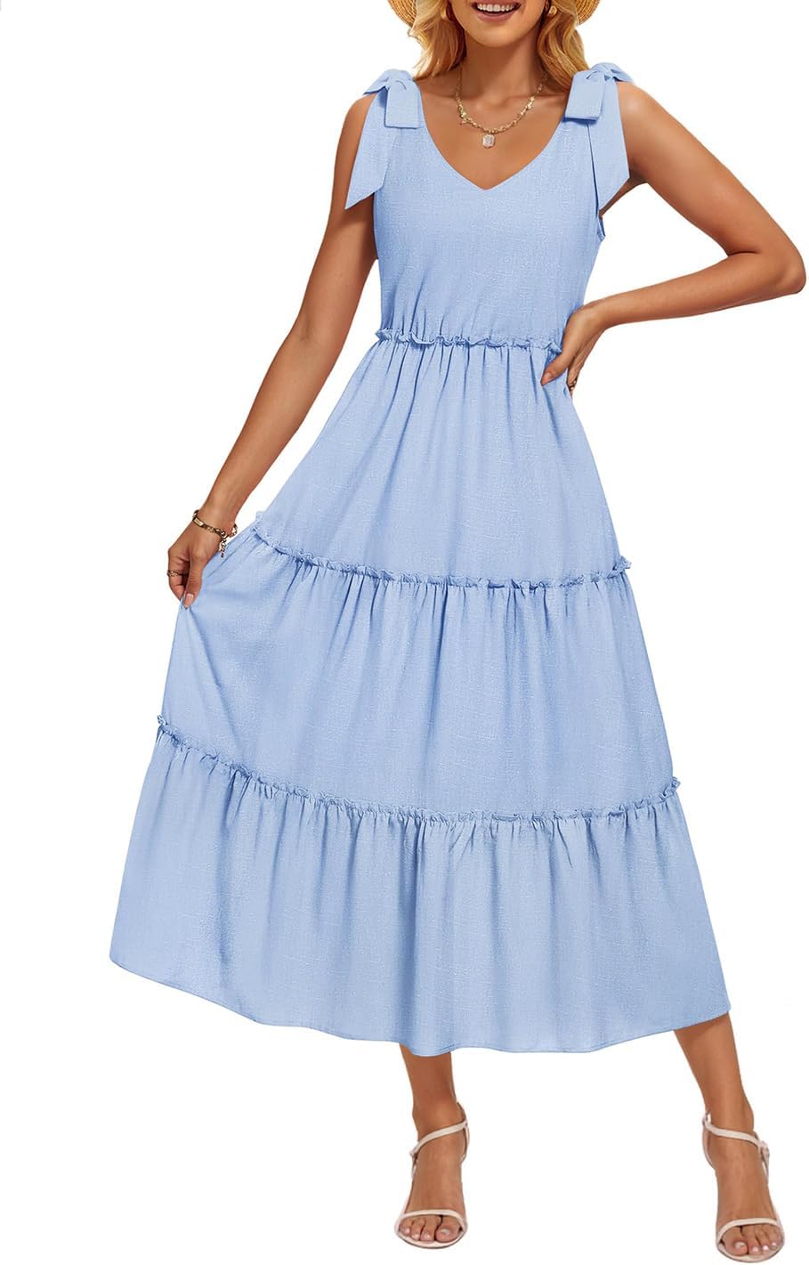 ZESICA Women's 2026 Summer Boho Sleeveless Midi Dresses Casual V Neck Spaghetti Strap Flowy A Line Tiered Beach Long Sundress