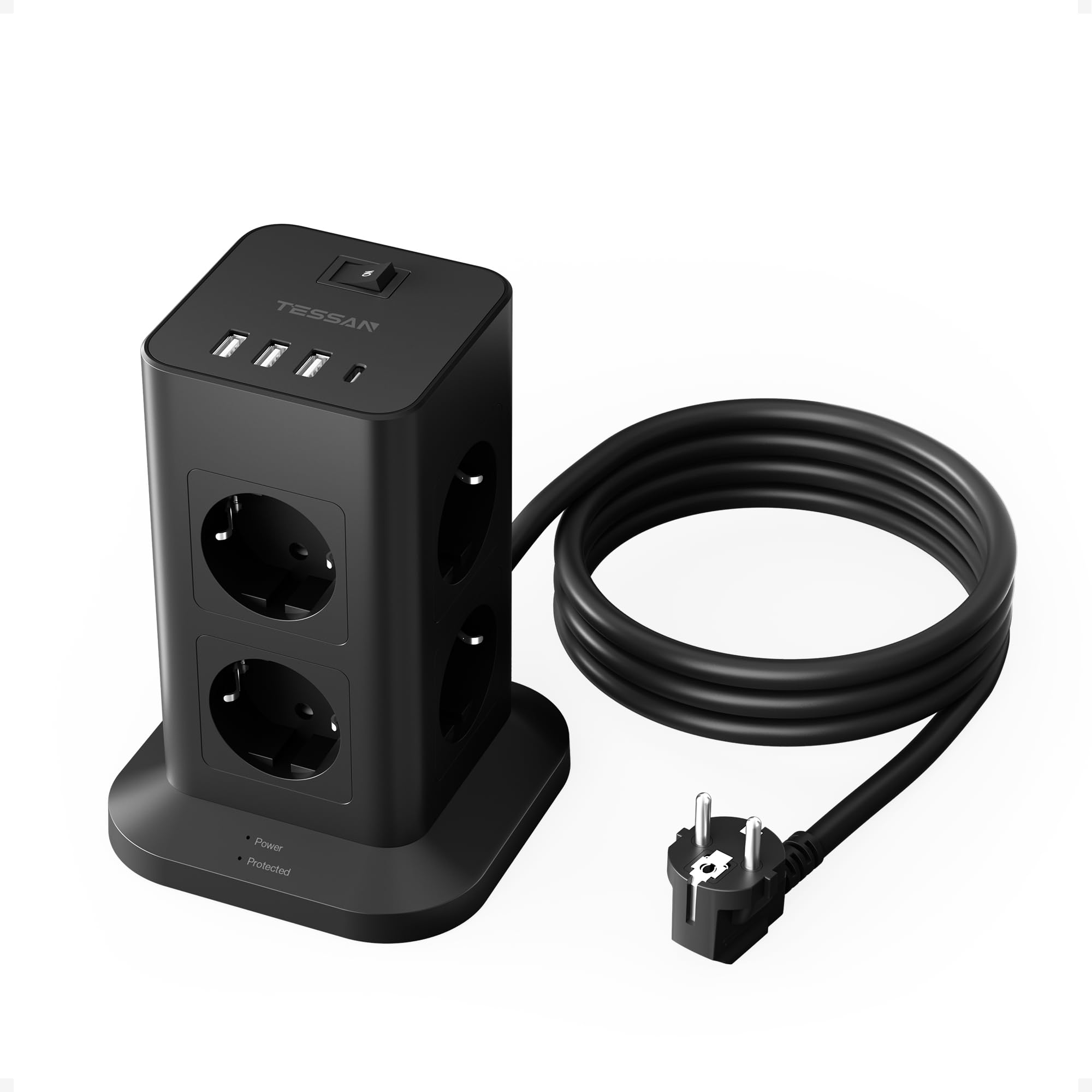 TESSAN Ciabatta Multipresa con 4 USB e 8 Prese, Ciabatta Elettrica Protezione Sovratensione, Torretta Multipresa con Interruttore e Prolunga Elettrica 2 Metri, Nero